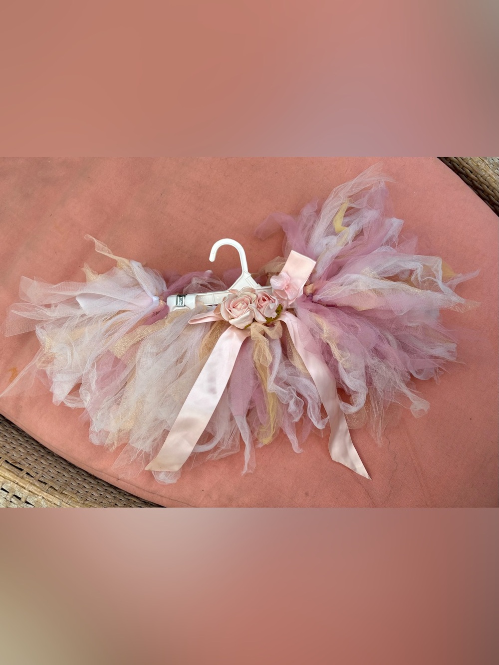 Girls Pink Floral Tulle Tutu Skirt with Satin Ribbon